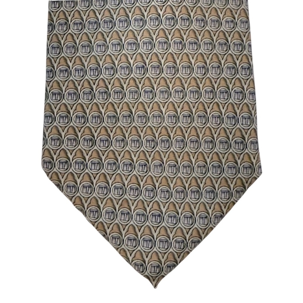 Stonehenge 100% Silk Hand Made Neck‎ Tie Gold Green Grey Abstract Print